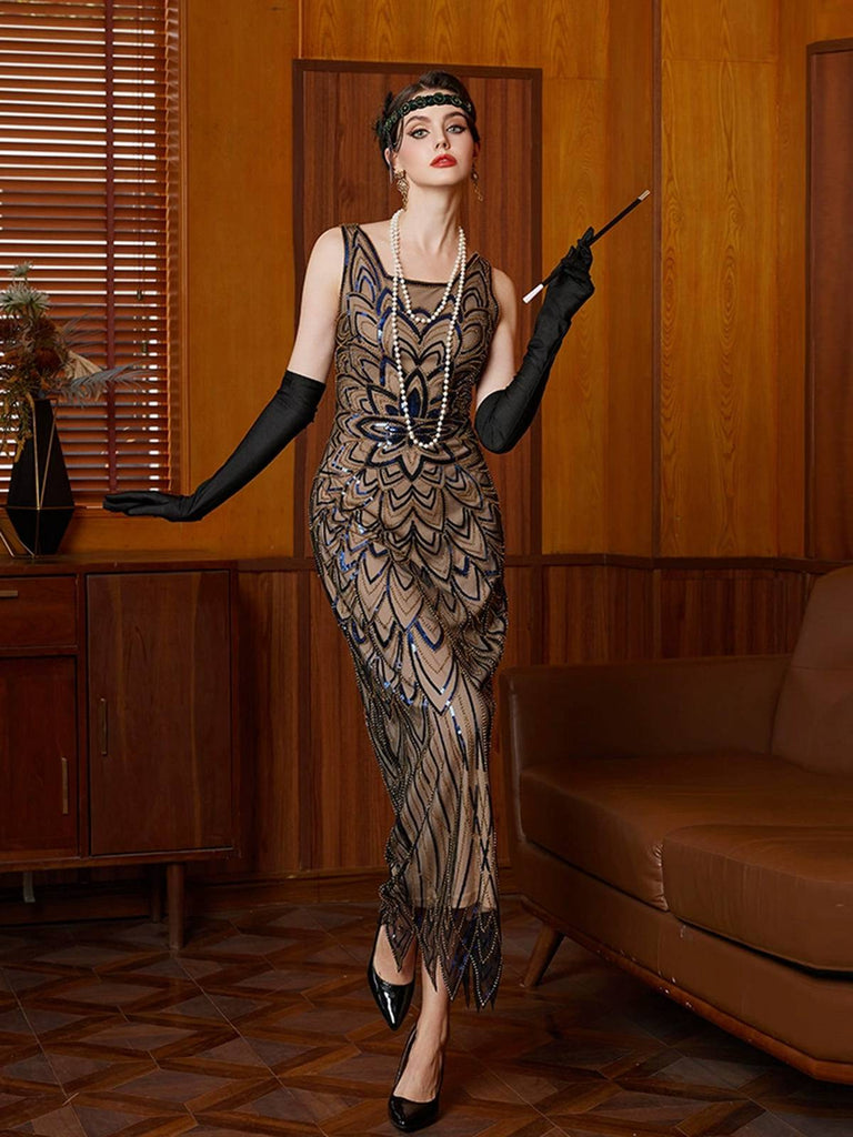 Robe noire à fleurs et paillettes avec ourlet irrégulier des années 1920