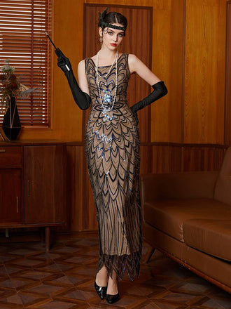 Robe noire à fleurs et paillettes avec ourlet irrégulier des années 1920