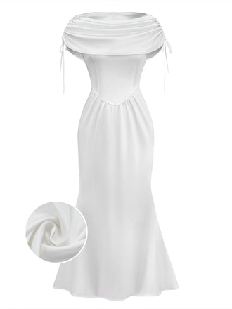 [Prévente] Robe blanche en satin froncée à lacets col bateau années 1930