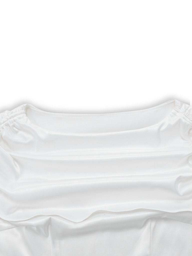 [Prévente] Robe blanche en satin froncée à lacets col bateau années 1930