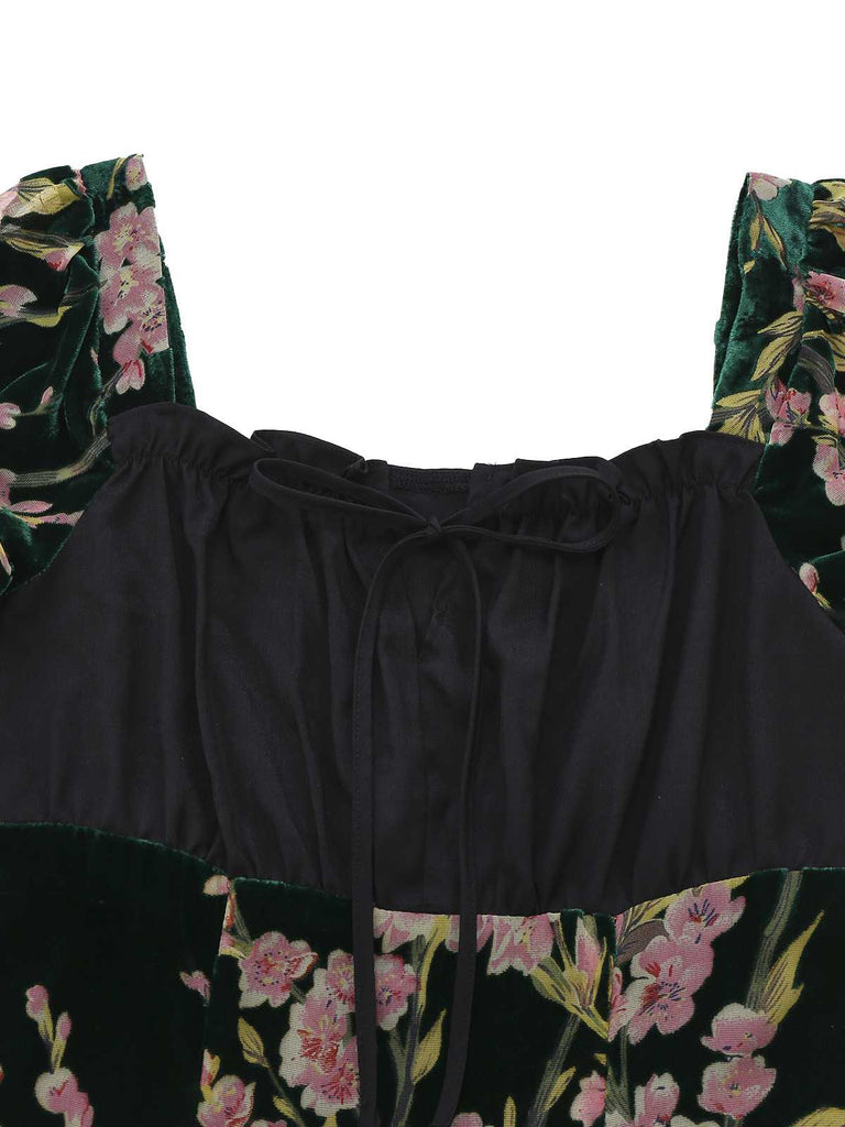 [Prévente] Robe en velours fleuri à col carré et volants des années 1960