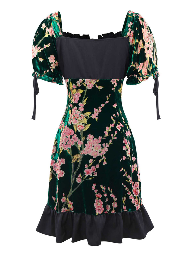 [Prévente] Robe en velours fleuri à col carré et volants des années 1960