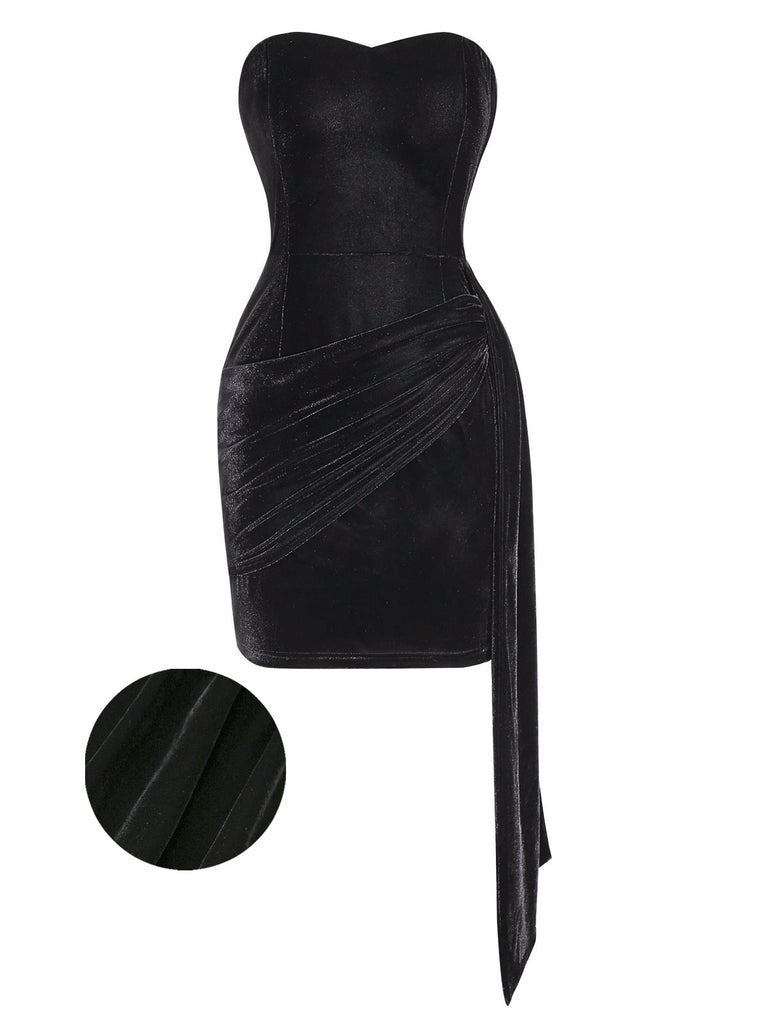 [Prévente] Robe bustier en velours froncé à ruban noire des années 60