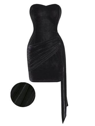 [Prévente] Robe bustier en velours froncé à ruban noire des années 60