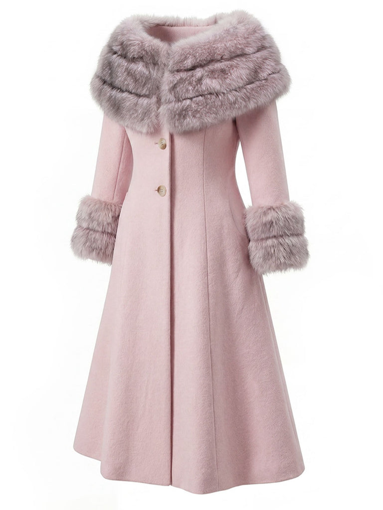 Manteau à col en fourrure multicouche crème années 1950