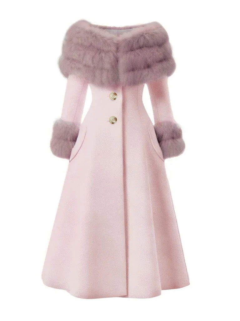 Manteau à col en fourrure multicouche crème années 1950