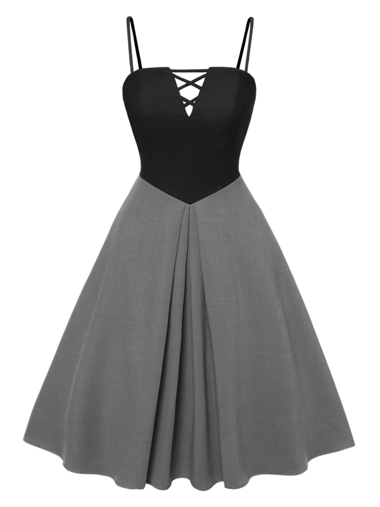 [Pré-vente] [Grande taille] Robe à bretelles plissée à blocs de couleurs grise des années 40