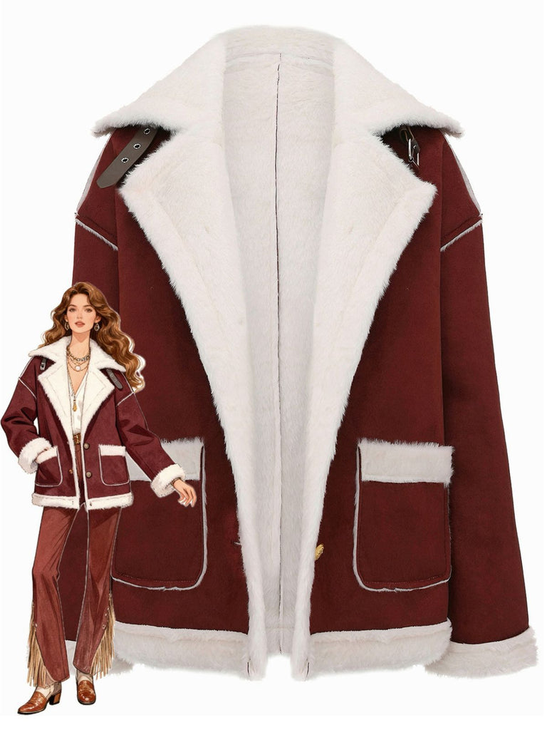 Veste à revers en peluche avec poches et boucle années 1940