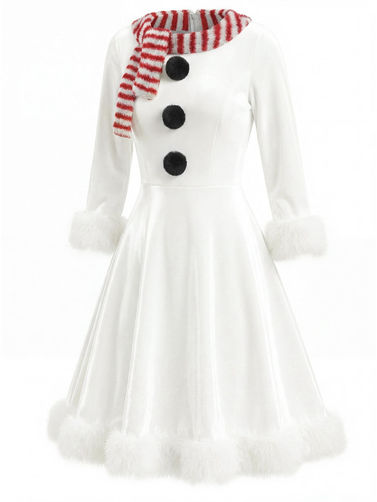 Robe de Noël en velours blanche bonhomme de neige années 1950