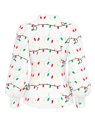 [Prévente] Chemisier blanche guirlandes lumineuses de Noël col noué années 1950