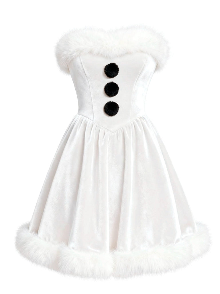 [Pré-vente] Robe bustier blanche en velours et peluche style bonhomme de neige nnées 1960