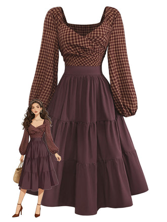 [Prévente] Robe carreaux vichy marron dos nu lacé et volants années 1950