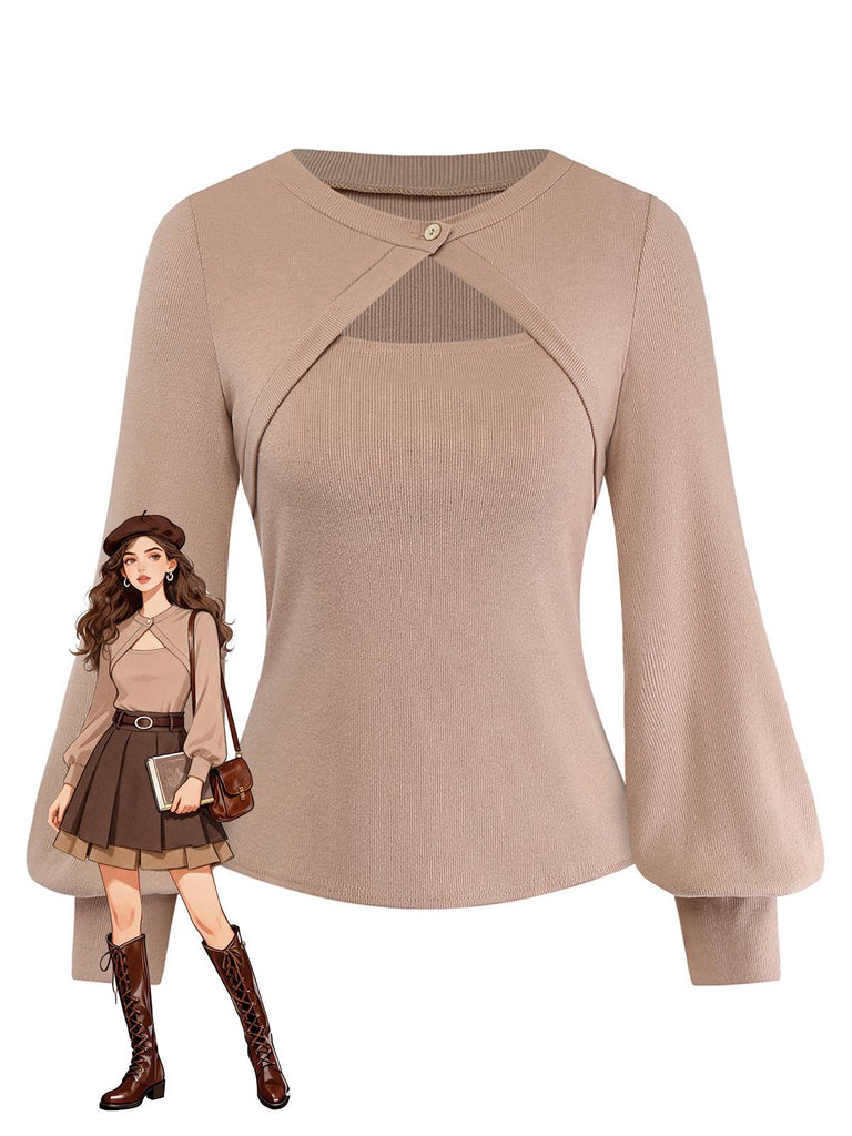 [Prévente] Pull beige à manches longues superposées et découpes style années 60