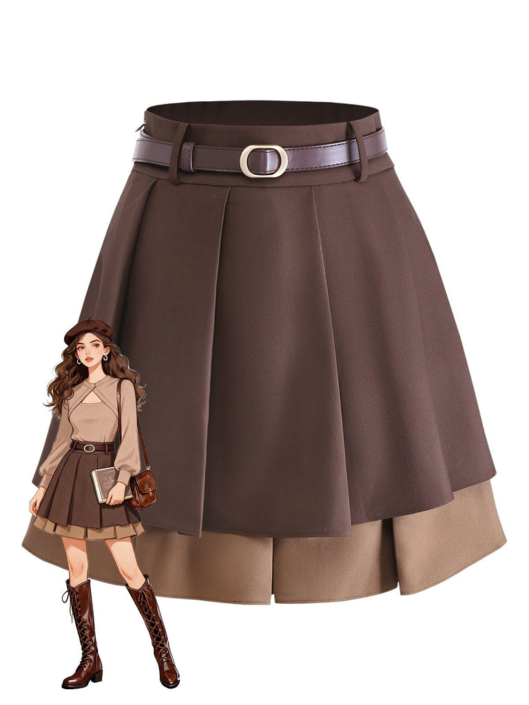 [Prévente] Jupe courte plissée à volants marron style preppy années 60