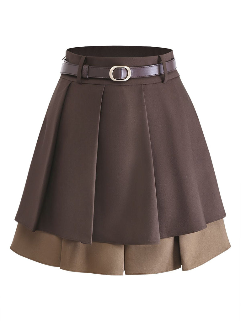 [Prévente] Jupe courte plissée à volants marron style preppy années 60