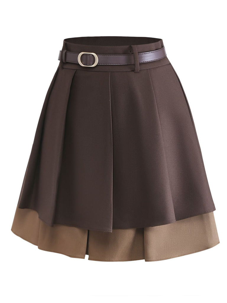 [Prévente] 2PCS Pull en maille à découpes et à volants marron et mini-jupe plissée des années 1960