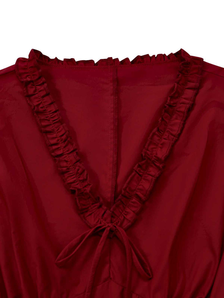 [Prévente] Robe rouge à carreaux en maille à col en V et volants style années 1950