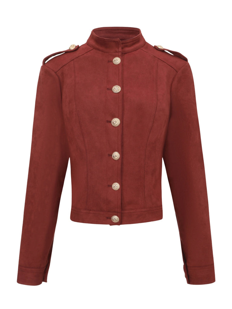 Veste courte en daim marron col montant des années 1980