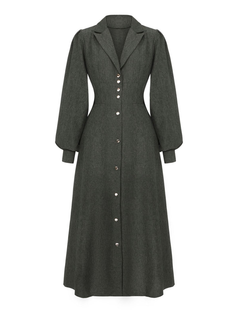 Robe boutonnée col cranté manches lanternes des années 1940