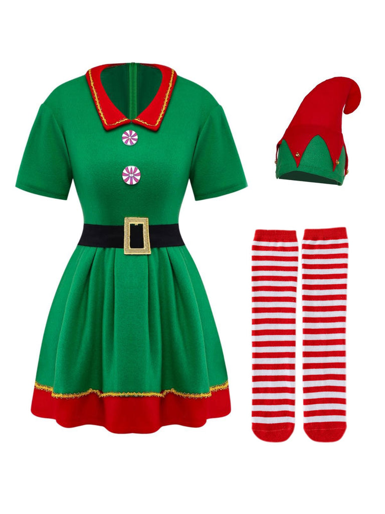 Ensemble de costume de cosplay d'elfe de Noël vert des années 1960