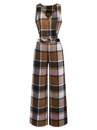 2PCS Gilet sans manches et pantalon à carreaux en fausse laine kaki des années 1950