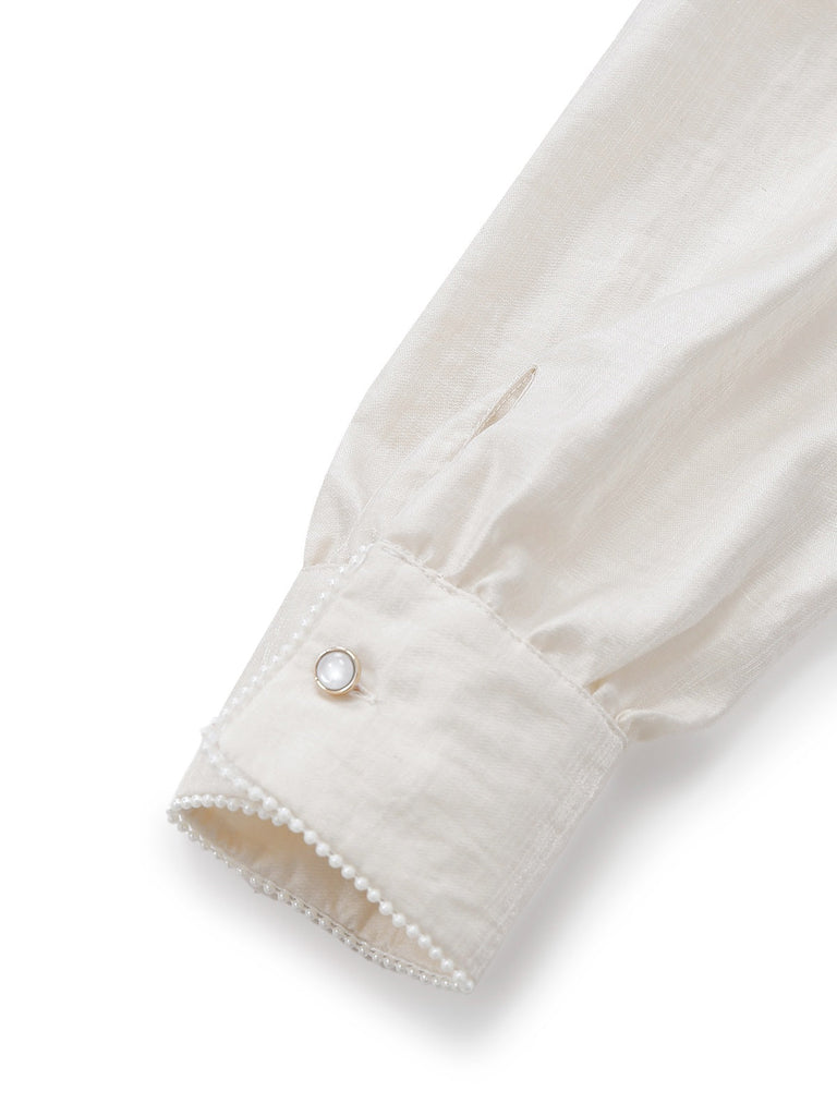 [Prévente] Combinaison beige patchwork col nœud et bordures perlées années 50