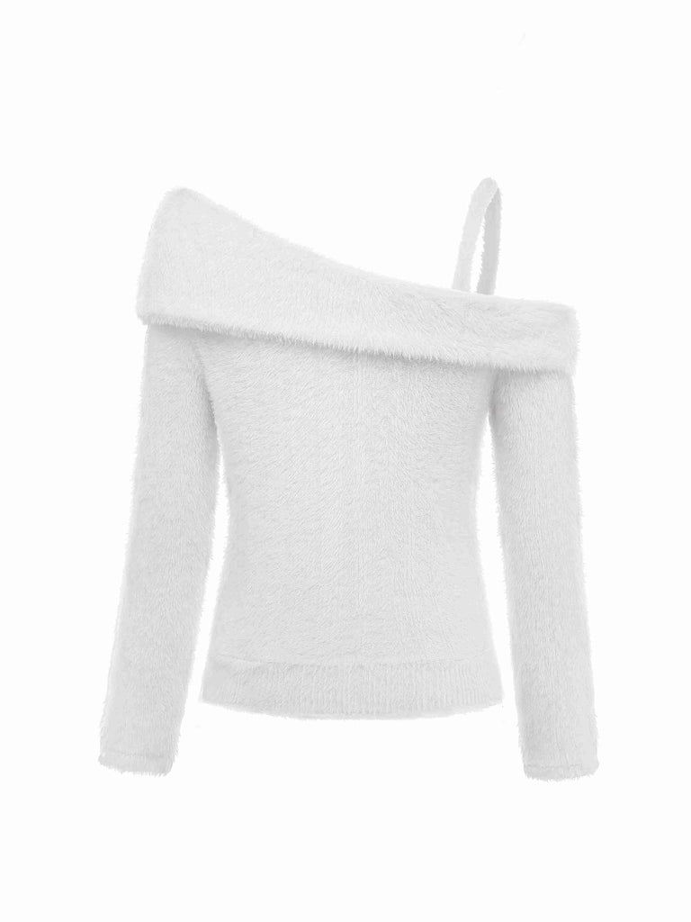 [Prévente] Pull Tricot Pelucheux Blanc Épaule Dénudée Camisole Années 1960