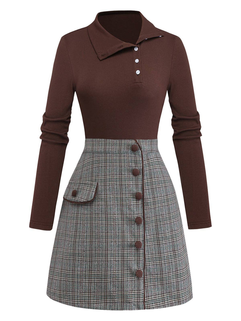 [Prévente] Robe Marron Tricotée À Carreaux Col Asymétrique Années 1970