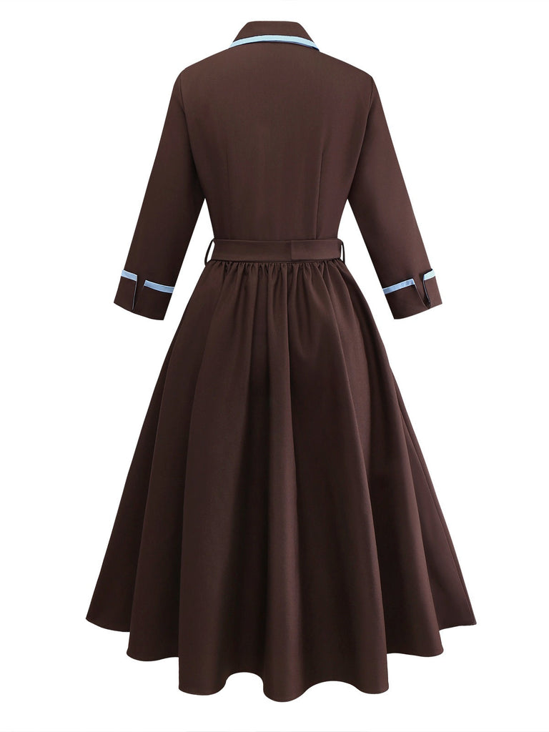 [Prévente] Robe marron col revers plissés contrastés années 1940