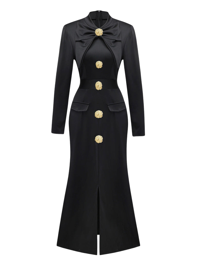 Robe col nœud et fente sur le devant noire des années 1930