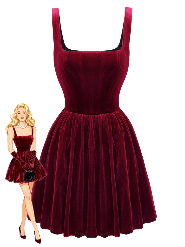 Robe courte en velours uni à col carré des années 1970