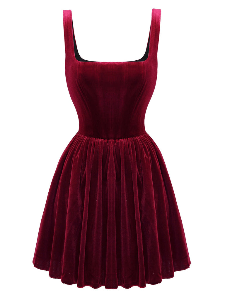 Robe courte en velours uni à col carré des années 1970