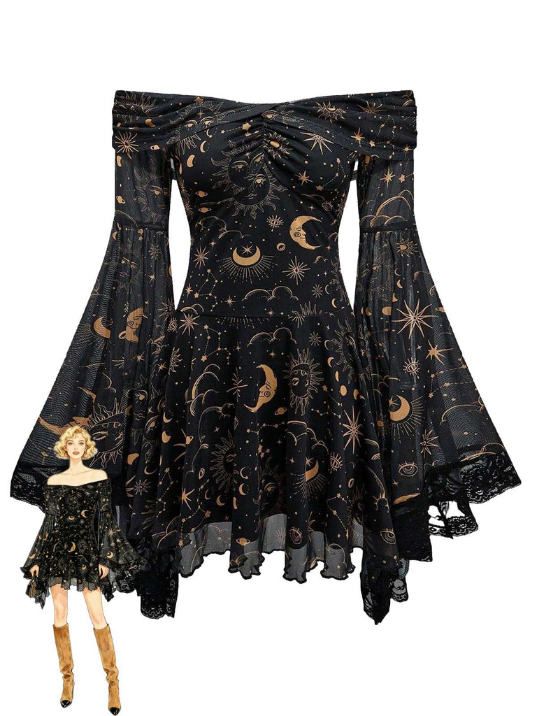 Robe à épaules dénudées manches cloche motif étoile lune et soleil années 80