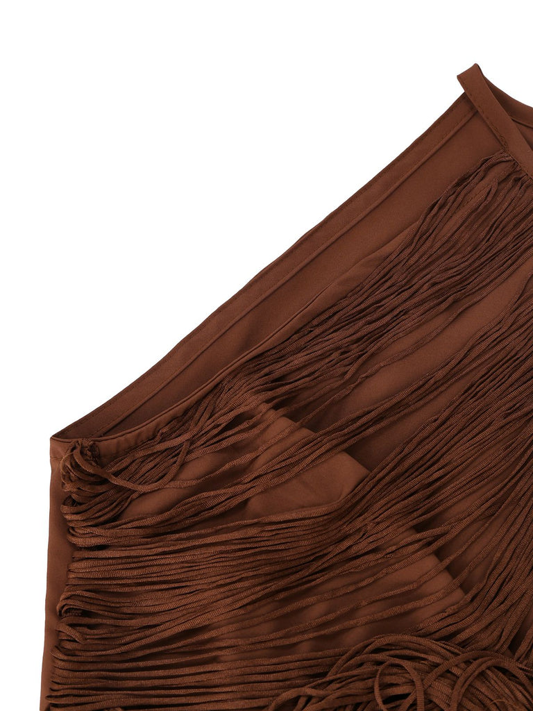 Robe dos nu franges unie couleur café années 1920