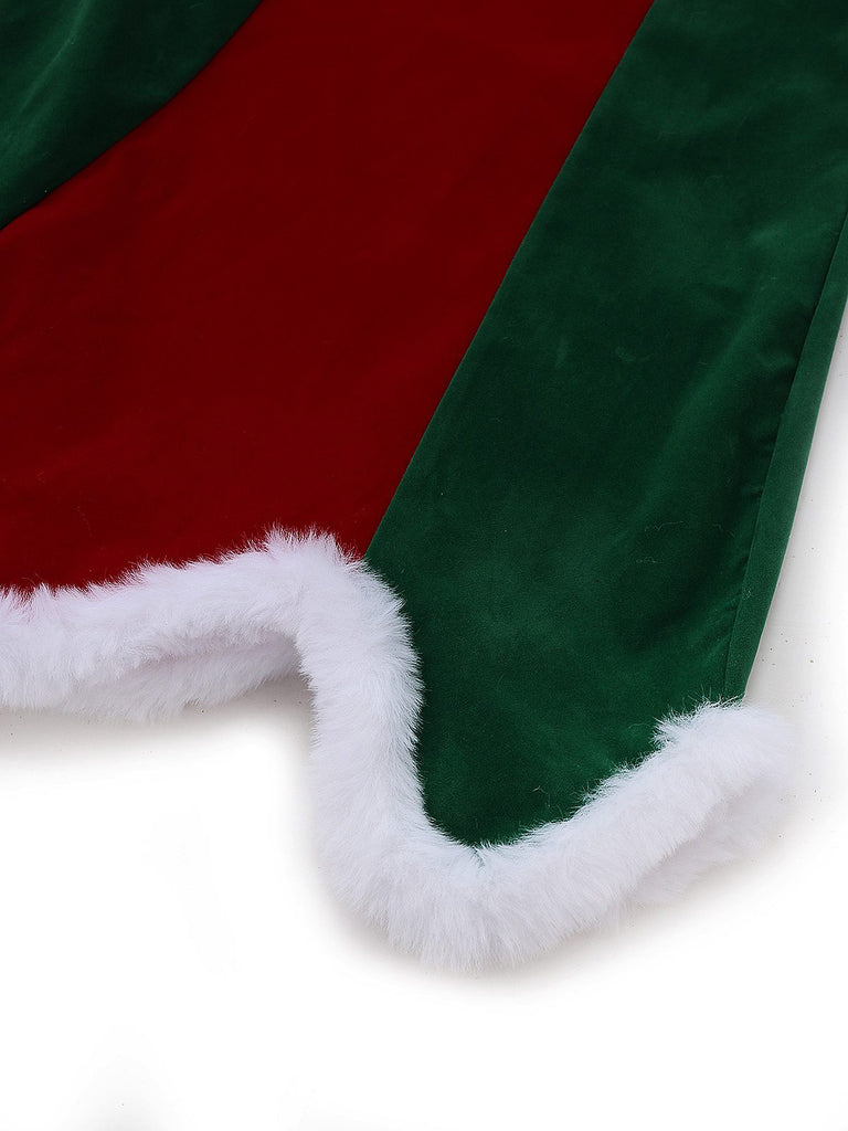Ensemble robe de Noël avec bordure en peluche rouge et verte des années 1960