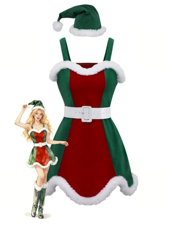 Ensemble robe de Noël avec bordure en peluche rouge et verte des années 1960