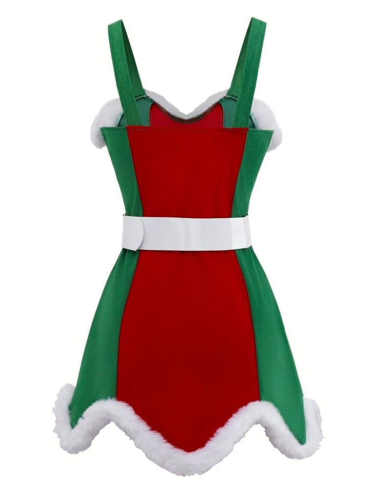 Ensemble robe de Noël avec bordure en peluche rouge et verte des années 1960