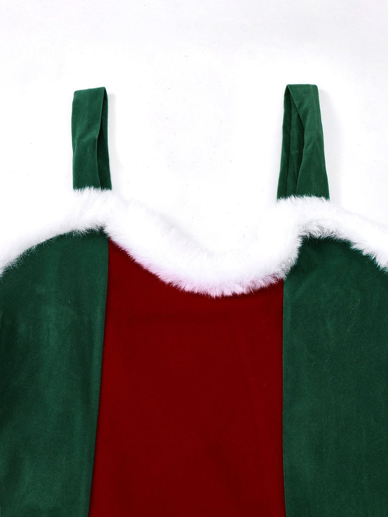 Ensemble robe de Noël avec bordure en peluche rouge et verte des années 1960