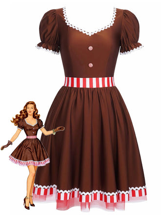 [Pré-vente] Robe patchwork à rayures bonhomme en pain d'épice rouge rouille années 1950