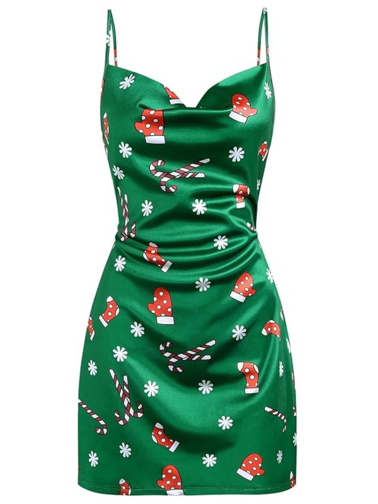 [Prévente] Robe en satin à bretellesverte col bénitier noël  des années 60