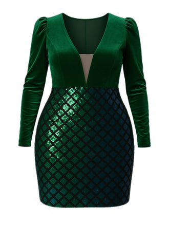 [Grande Taille] Robe moulante en velours et paillettes vert col V des années 60