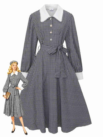 Robe noire à manches bouffantes et boutons nacrés style pied-de-poule années 1940