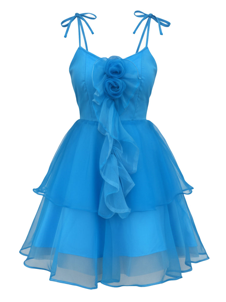 [Prévente] Robe bleue à floral 3D volants tulle et bretelles années 70