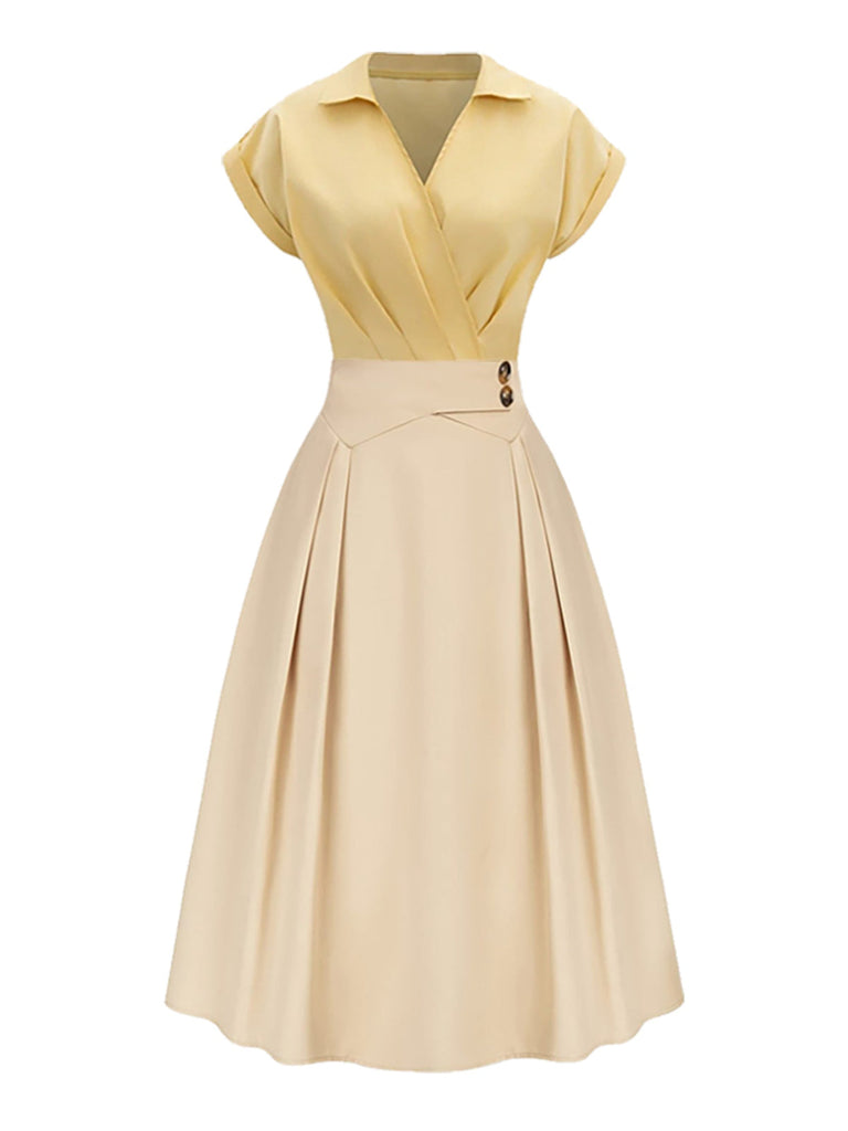 [Prévente] Robe en coton jaune col Johnny plissée patchwork années 1950