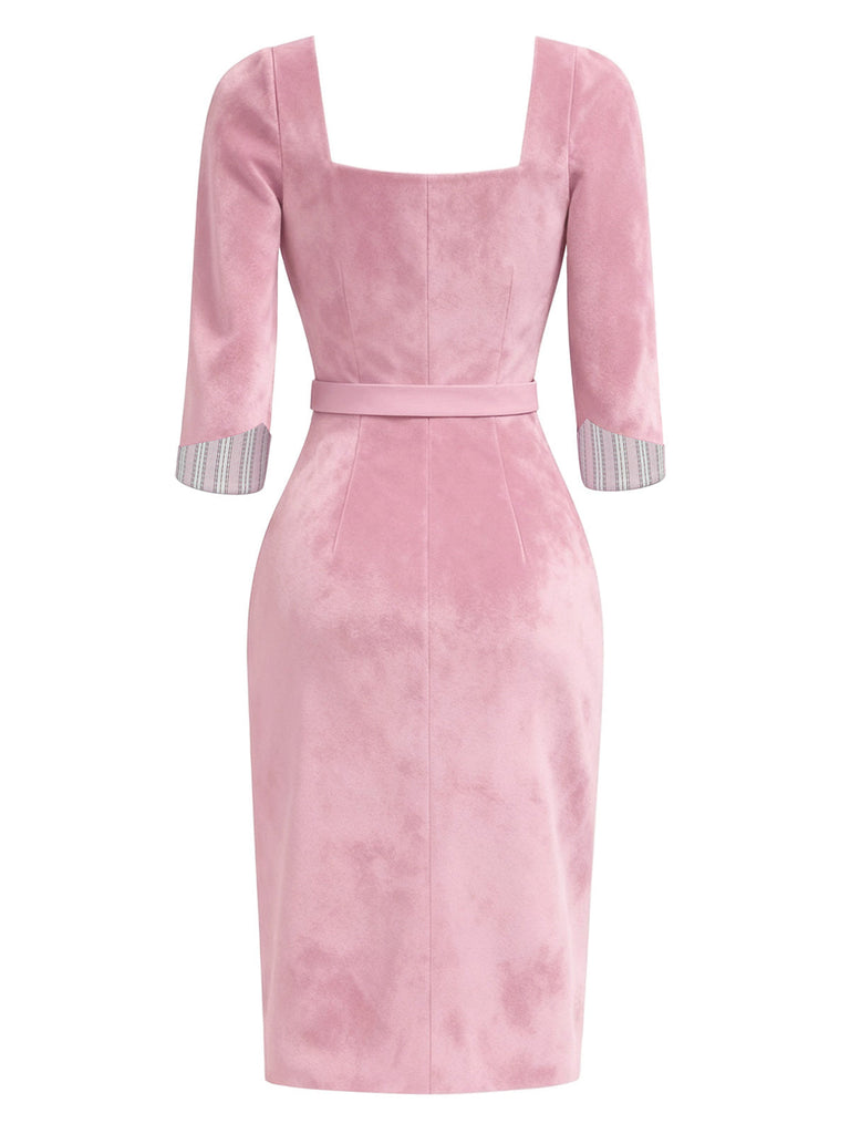 [Prévente] Robe moulante rose en daim et col carré années 60