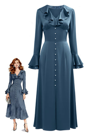 Robe fendue en satin bleu-gris à boutons des années 1940