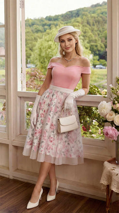 [Prévente] Robe rose épaules dénudées et décolleté cœur en résille années 50