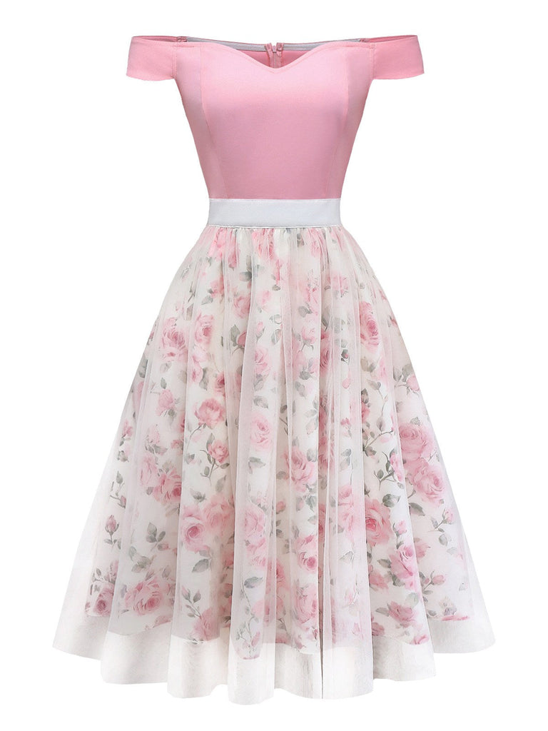 [Prévente] Robe rose épaules dénudées et décolleté cœur en résille années 50