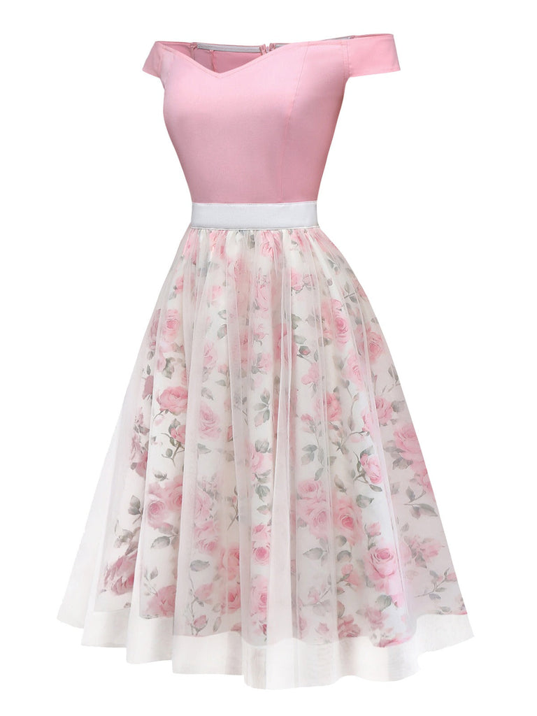 [Prévente] Robe rose épaules dénudées et décolleté cœur en résille années 50