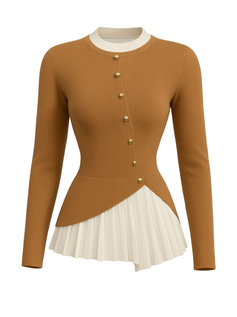 Haut en maille patchwork à boutons irréguliers marron des années 1970